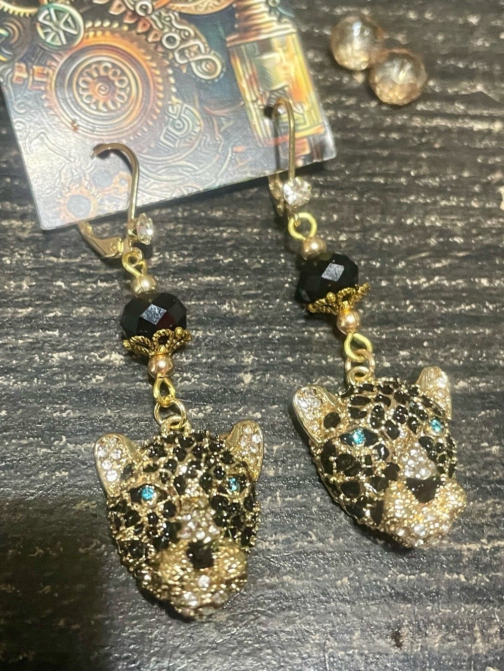 Hand Crafted Gold Leopard Head Drop Earrings with Black and Green Accents - Picture 8 of 8